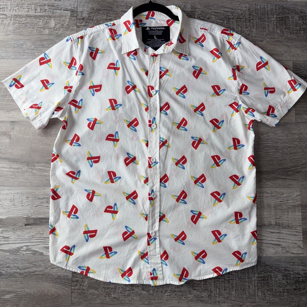 Sony PlayStation Men's Large Short Sleeve PS1 Logo Button Up White Shirt